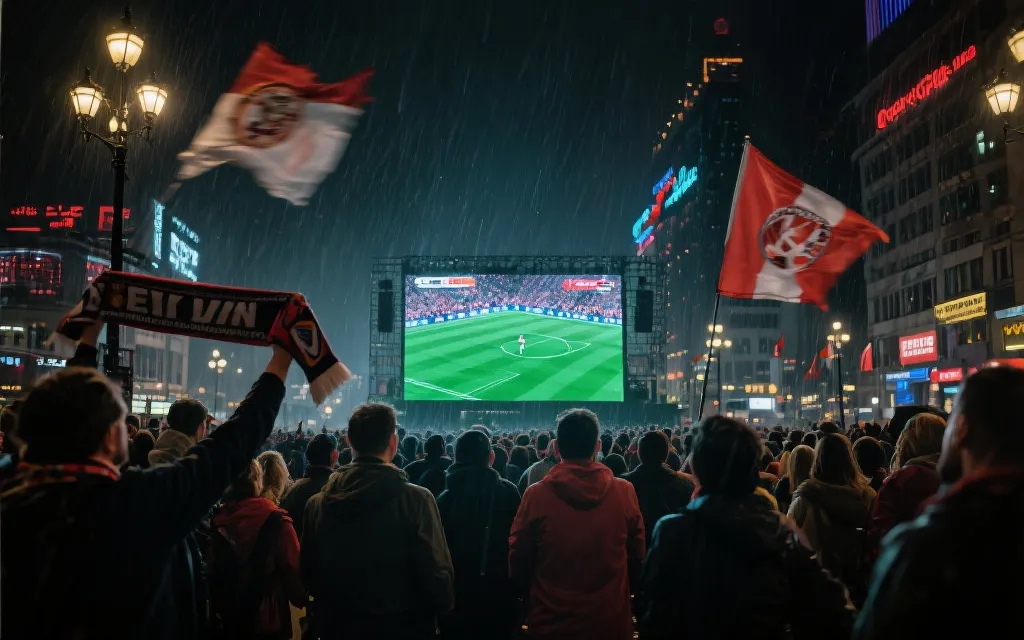 城市街头大屏幕直播世界杯，雨夜人群聚集，旗帜与围巾，光影交错，集体观看的瞬间